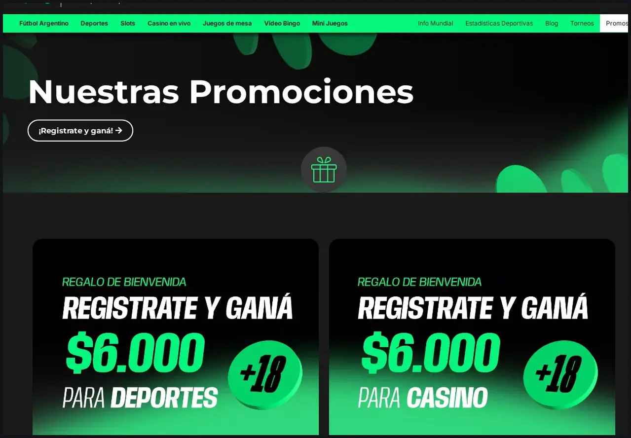Página de Promociones de bplay, tarjetas de bienvenida "Registrate y gana" con ofertas de $6,000, 27.10.2026